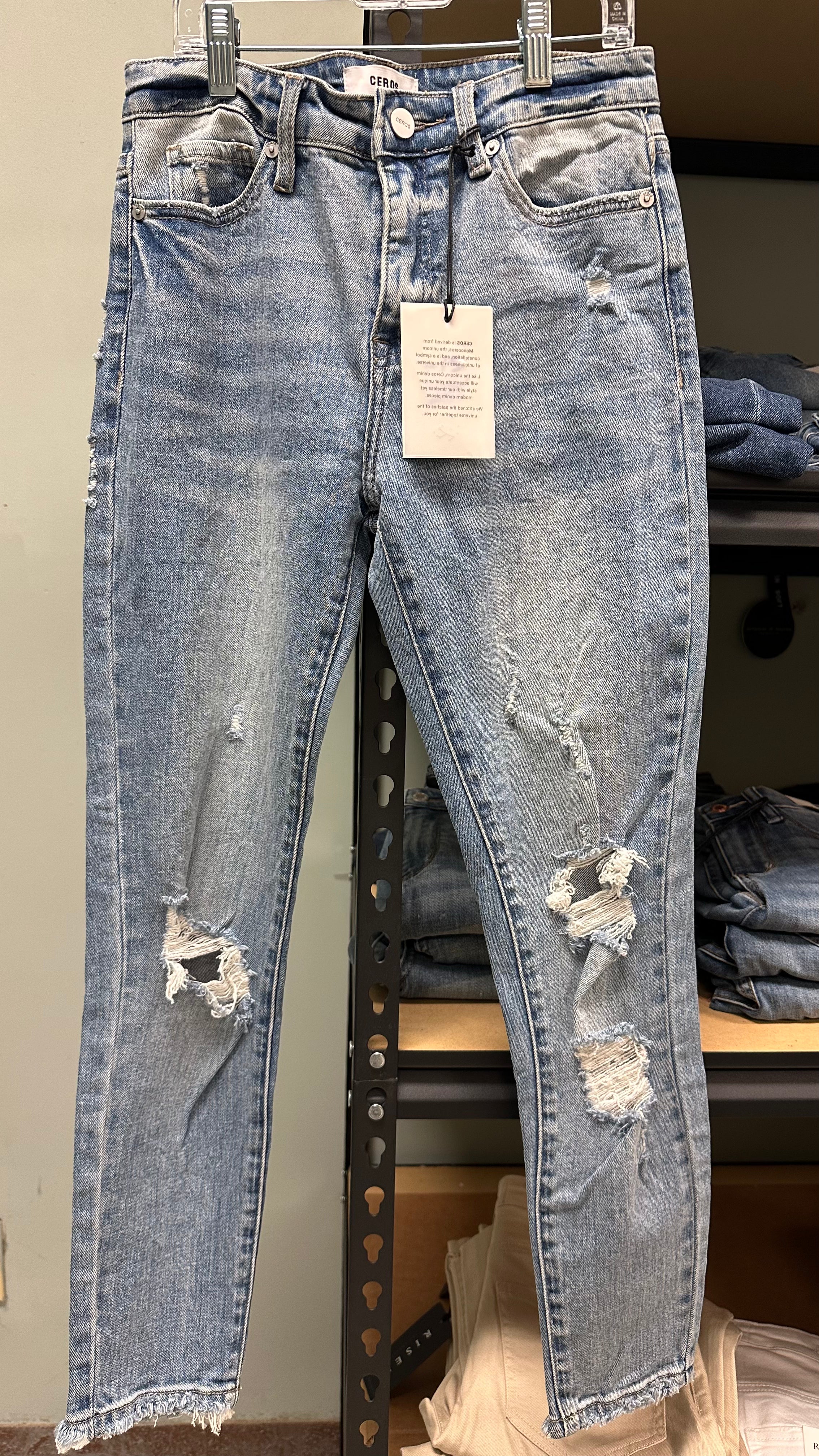 Ceros Distressed Midrise Ankle Skinny Jeans (Light Wash)