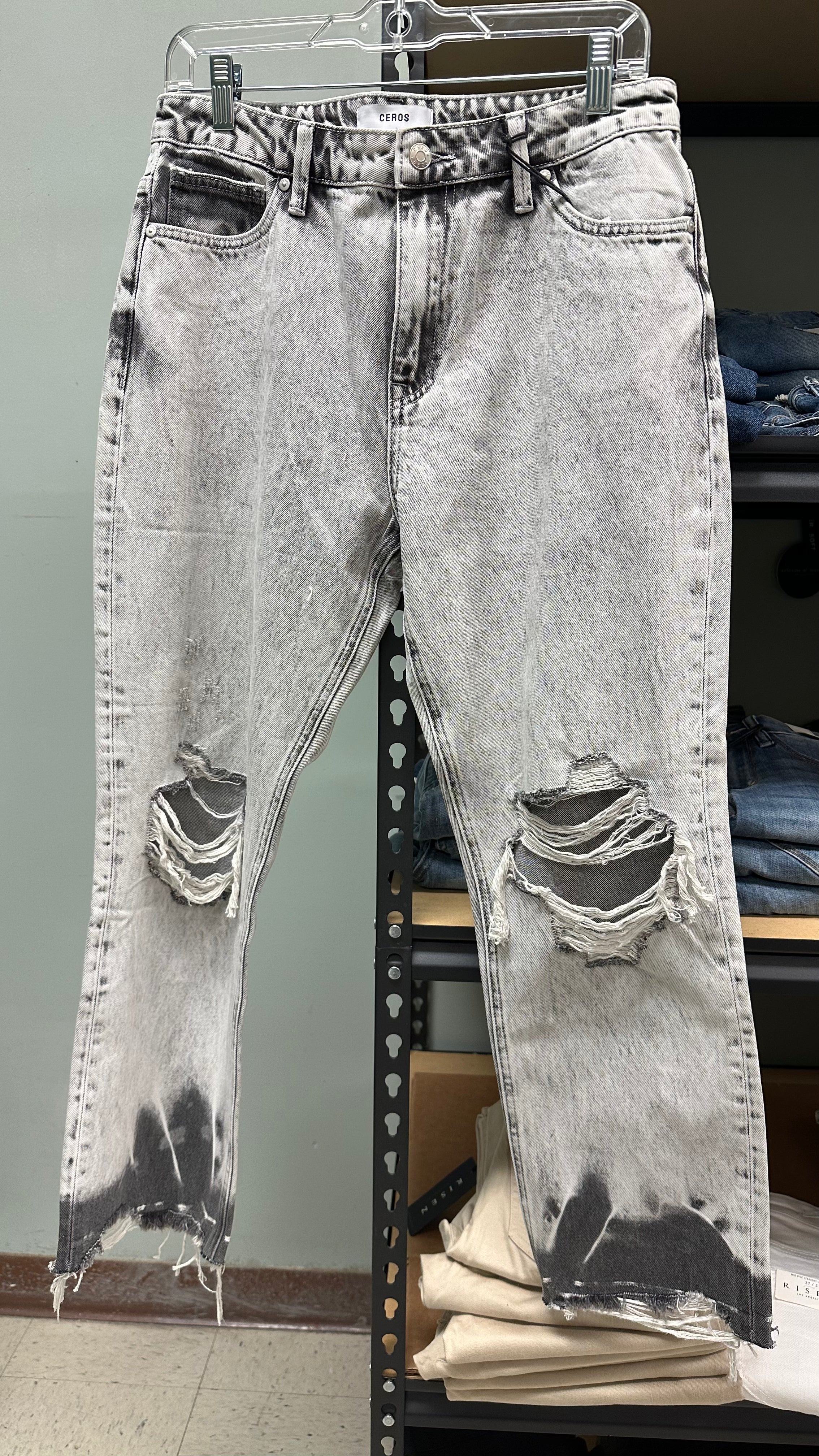 Ceros Distressed High Rise Oil Bottom Jeans (Black Wash)