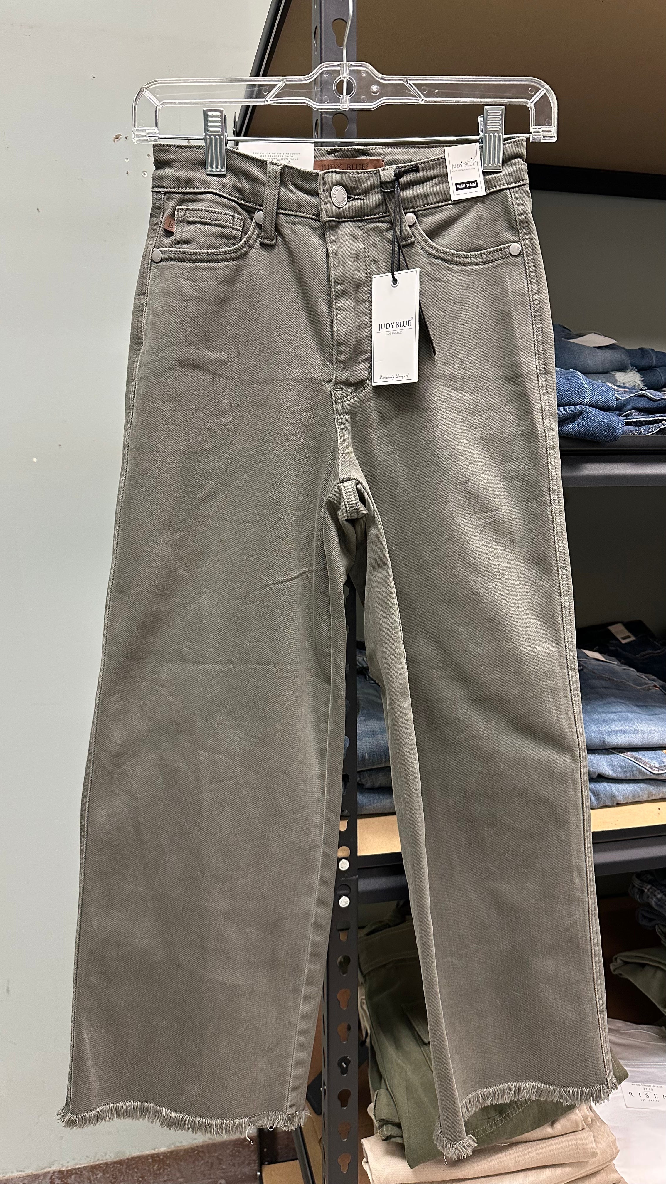 Judy Blue Raw Hem High Waist Wide Leg Jeans (Olive)