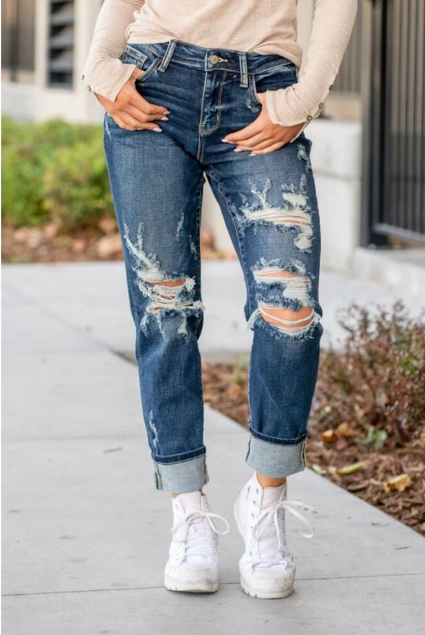 Judy Blue Highly Distressed Cuffed Boyfriend Jeans