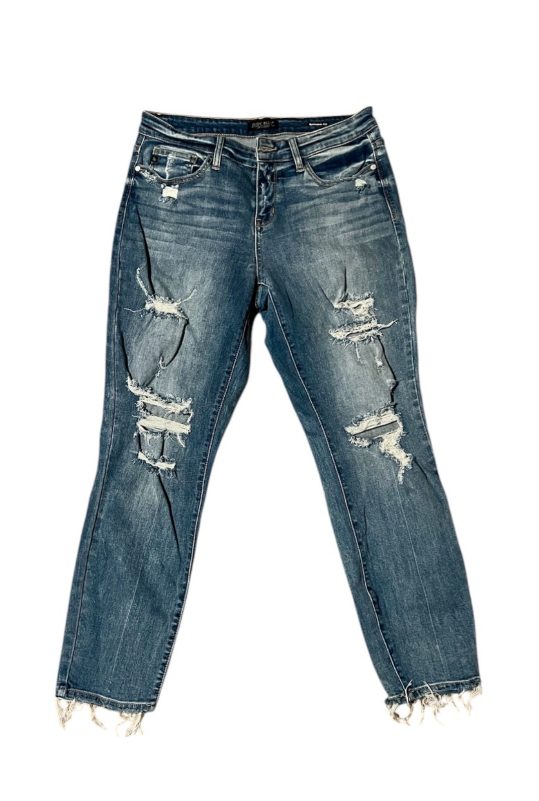 Judy Blue Highly Distressed Bootcut Jeans with Step Hem (Dark Wash)