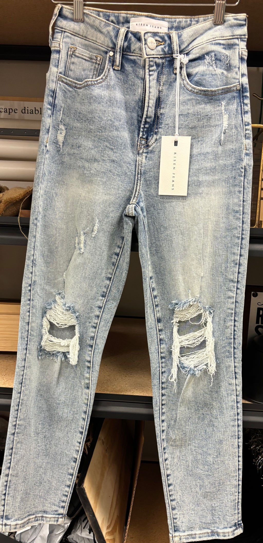 Risen High Rise Distressed Skinny Mom Jeans (Light Wash)