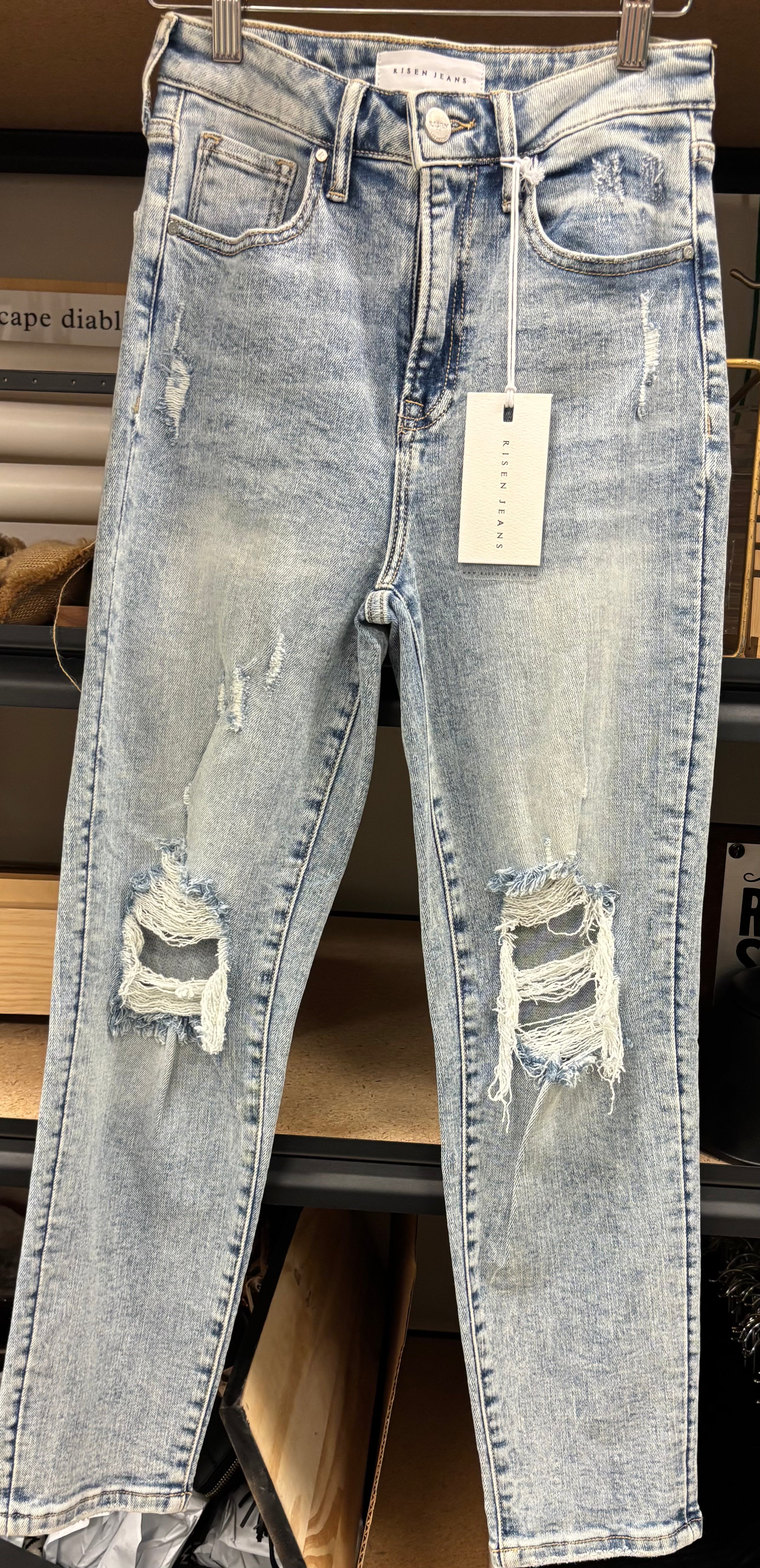 Risen High Rise Distressed Skinny Mom Jeans (Light Wash)