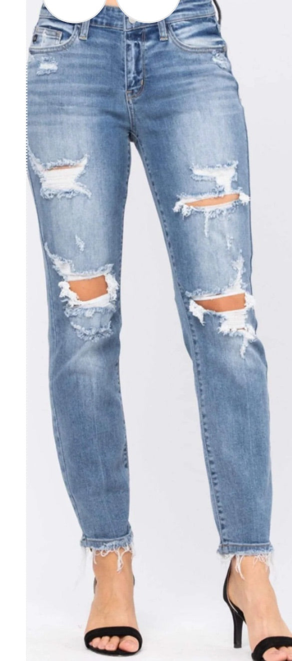 Judy Blue Highly Distressed Boyfriend Jeans (Light Wash)
