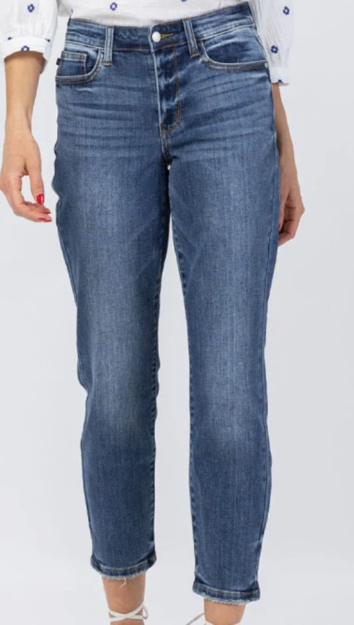 Judy Blue Distressed Hem Jeans (Medium Wash)